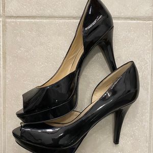 Black patent peeptoe heels